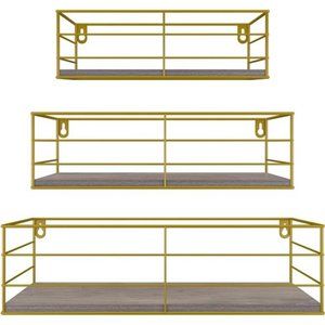 Gold Wall Mounted Shelves Set of 3, Floating Hanging Shelf for Bathroom, Living